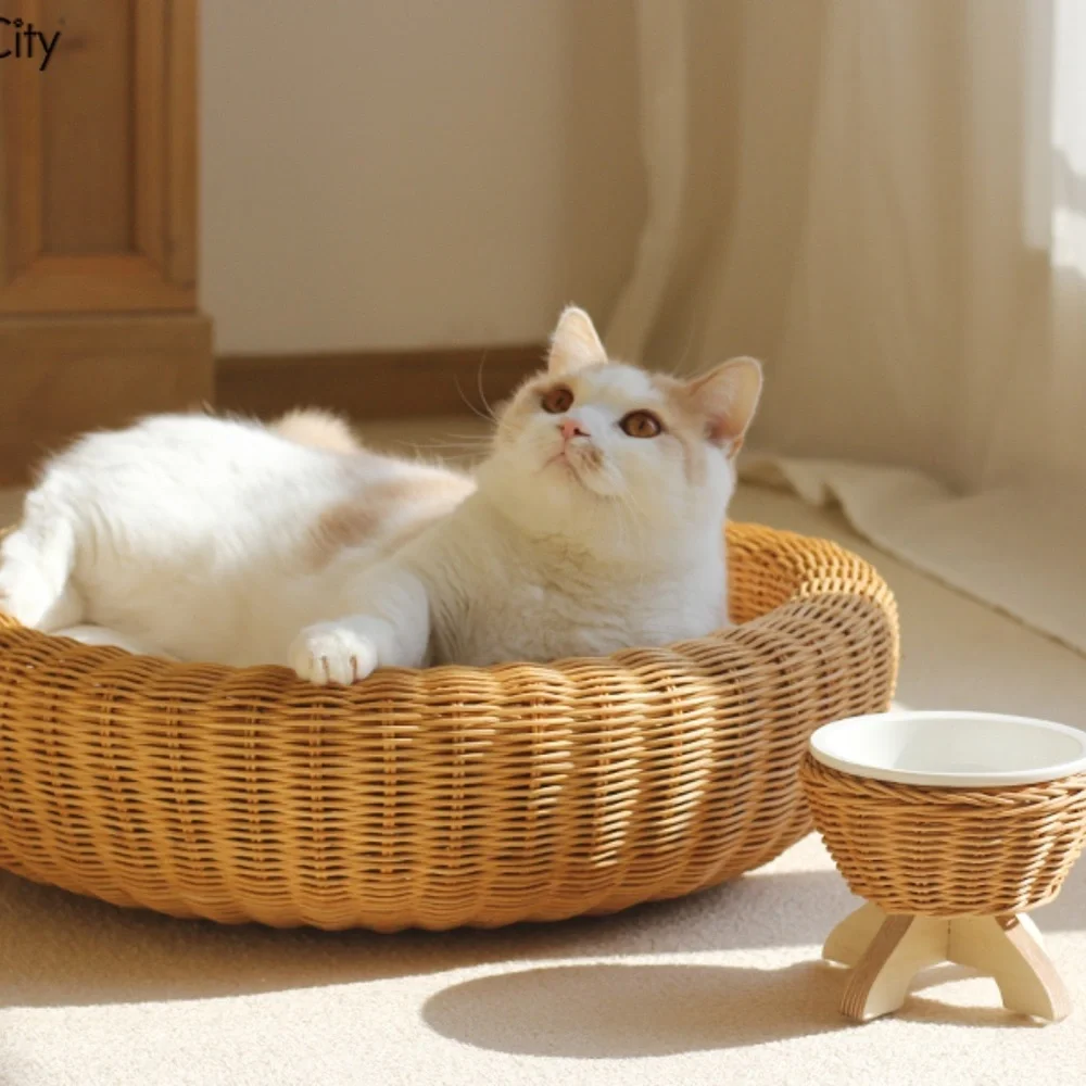 Handmade Rattan Cat And Dog Ceramic Bowl
